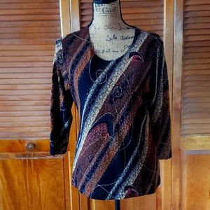 Business jersey blouse in browns, black and tan with metallic threading size L